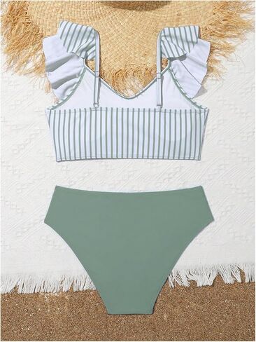 Girl's 2 Piece Swimsuits Stripe Ruffle Sleeveless Cute Bikini Sets High Waisted Bathing Suit in Saudi Arabia