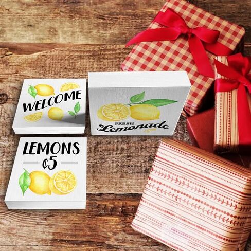 الليمون صندوق خشبي علامات 3 قطع الليمون موضوع صينية متدرجة علامات الخشب ديكور الليمون ترحيب علامات كتلة خشبية مجموعة الجدول محور الديكور لمكتب الجرف المنزل in Kuwait