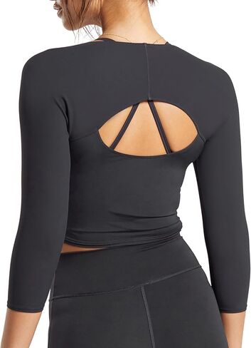 قمصان نسائية قصيرة بأكمام 3/4 ورقبة مربعة بدون ظهر للتمرين، قمصان رياضية لليوجا in Kuwait