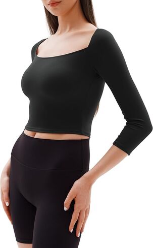 قمصان نسائية قصيرة بأكمام 3/4 ورقبة مربعة بدون ظهر للتمرين، قمصان رياضية لليوجا in Kuwait