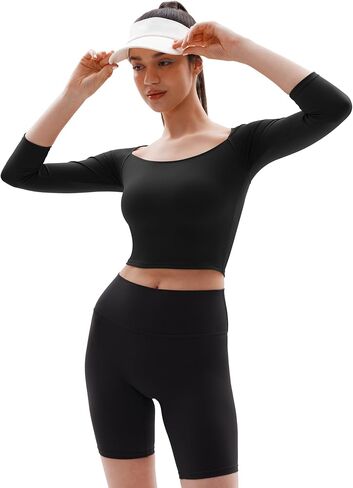 قمصان نسائية قصيرة بأكمام 3/4 ورقبة مربعة بدون ظهر للتمرين، قمصان رياضية لليوجا in Kuwait