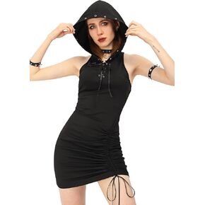 FURPHI Women's Halter Hooded Bodycon Dress Goth Stretchy Lace Up Tank Mini Dress