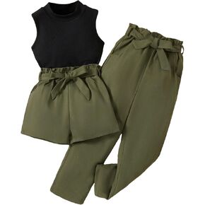 OYOANGLE Girl's 3 Piece Outfits Tank Top and Paperbag Waist Pants and Belted Shorts Sets with Pockets Cute Clothing Set