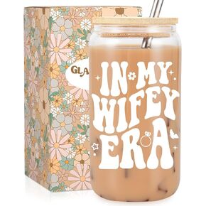 Fairy's Gift Wifey Cup, Engagement Gifts for Her, Bride Gifts, 16oz Coffee Glass Cups with Lids Straws - In My Wifey Era - Mothers Day, Bridal Shower, Bachelorette Gifts for Bride, Bride to Be