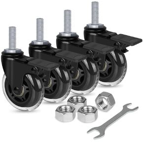 8T8 3 Inch Caster Wheels Heavy Duty with Brakes, Rubber Casters with 3/8"-16 x 1-1/2" Threaded Stem (Screw Diameter 3/8", Length 1.5"), Quiet and Smooth Rolling Castors, Set of 4