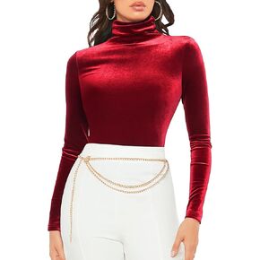Floerns Women's Solid Long Sleeve Tshirt High Neck Party Velvet Tee Shirt