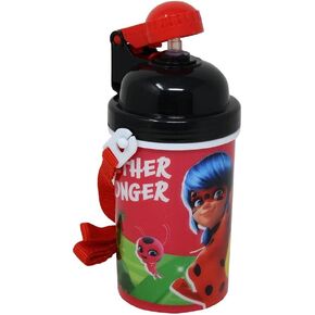 Zak Designs Miraculous LadyBug Carrying Strap One Touch Water Bottles with Reusable Built in Straw - Safe Approved BPA Free, Easy to Clean (Miraculous Canteen 16.9oz)