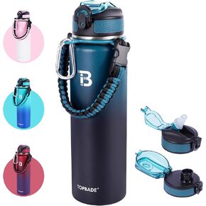 32oz Water Bottle Stainless Steel with Straw, Insulated Water Bottle with Paracord Handle & Spout Lids, Double Wall Sweat-Proof BPA-Free Metal Insulated Flask BLUE BLACK