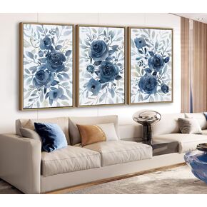 Large Framed Canvas Wall Art - Natural Float Framed Indigo Flowers Picturtes for Living Room Decor Retro Blue Floral Botanical Artwork Plants for Bedroom Kitchen Home Office Decor 48" X 24" Set of 3