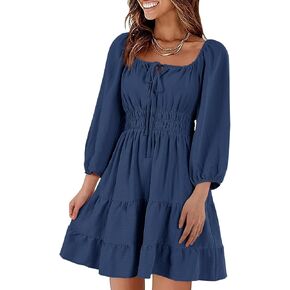 Tankaneo Womens Square Neck Dresses 3/4 Puff Sleeve Smocked Tiered Mini Dress