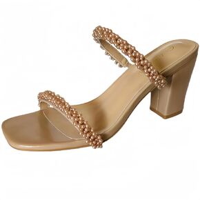 Women's Pearl Heels Chunky Heel Square Toe Two Strap Slip On Block 3.1 Inch Heeled Sandals for Wedding Dress