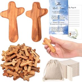 100 Sets Small Olive Wood Comfort Crosses with Cotton Linen Bags and Prayer Cards 2.5 Inch Pocket Cross Holding Hand Crosses Bulk Caring Cross Jesus Cross for Prayer Christian Gift Church