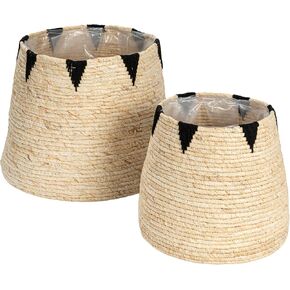 Household Essentials Round Handwoven Corn Leaf Basket Set of 2 with Plastic Liner, Natural with Black Accents