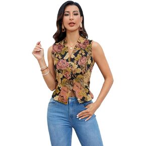WDIRARA Women's Floral Print Waistcoat Notched Neck Button Front Single Breasted Slim Fit Vest Blazer