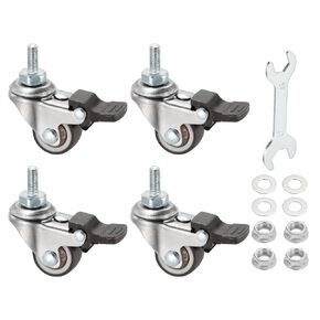 PATIKIL 1 Inch Mini Swivel Caster Wheels with Brake, 4Pcs M6x15mm TPE Rubber Threaded Stem Casters Load Capacity 99 Lbs with Tool Set for Furniture Trolley Cart, Brown