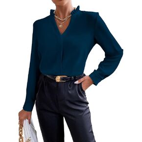 SweatyRocks Women's Blouses Casual Notched Neck Long Sleeve Basic Plain Shirt Tops