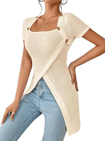 SweatyRocks Women's Button Front Wrap Hem Short Sleeve T Shirt Square Neck Plain Casual Tee Tops in Saudi Arabia