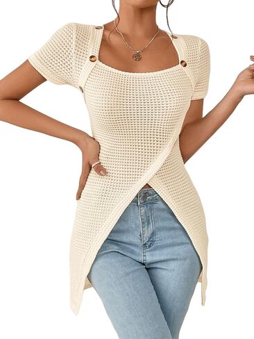 SweatyRocks Women's Button Front Wrap Hem Short Sleeve T Shirt Square Neck Plain Casual Tee Tops in Saudi Arabia