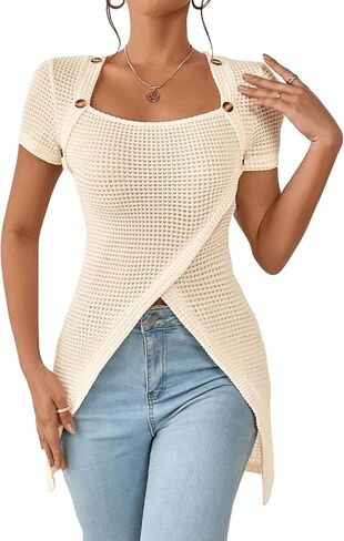 SweatyRocks Women's Button Front Wrap Hem Short Sleeve T Shirt Square Neck Plain Casual Tee Tops in Saudi Arabia