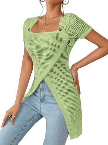 SweatyRocks Women's Button Front Wrap Hem Short Sleeve T Shirt Square Neck Plain Casual Tee Tops in Saudi Arabia