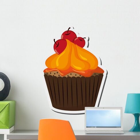 WM359641 تصميم مسطح كب كيك مزخرف بأيقونة الكرز، رسومات توضيحية قابلة للتقشير واللصق على الحائط، ارتفاع × 24 بوصة عرض، 24 بوصة 24 بوصة عرض-متوسط in Kuwait