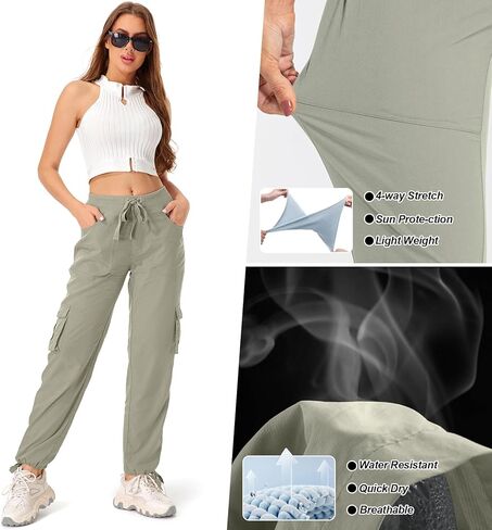 سراويل التنزه سيرًا على الأقدام للسيدات سريعة الجفاف وخفيفة الوزن وخصر مرن للركض كاجوال رياضية خارجية للسفر سراويل فضفاضة مريحة لجميع المواسم، 6609، أخضر فاتح، M in Kuwait