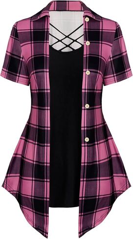 WDIRARA Women's Plus Size Plaid Crisscross Button Front Short Sleeve Tee 2 in 1 Asymmetrical Hem Top in Kuwait