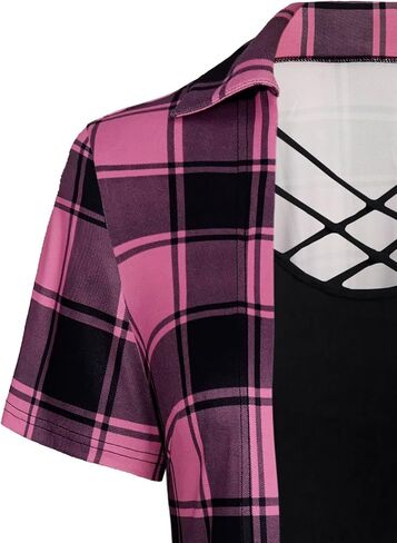 WDIRARA Women's Plus Size Plaid Crisscross Button Front Short Sleeve Tee 2 in 1 Asymmetrical Hem Top in Kuwait