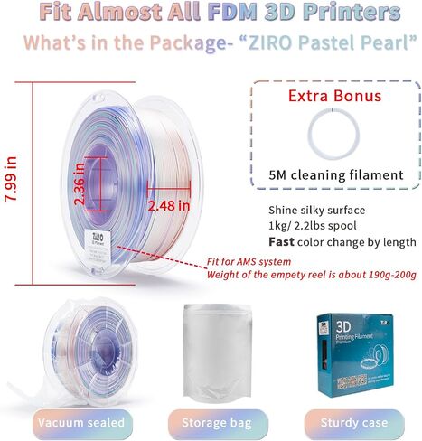 ZIRO 3D Printer Filament, Shiny PLA Fast Gradient Color Change, Glossy Color Change by Length PLA, Fit Most fdm 3D Printers, Dimensional Accuracy +/-0.03mm, 1KG/2.2lb Spool, Pastel Pearl(Silk) in Saudi Arabia