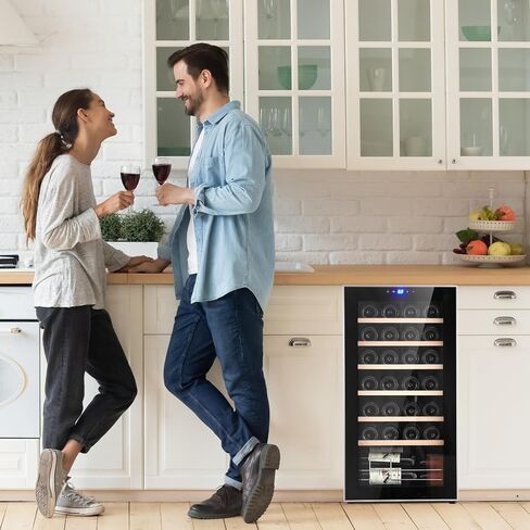 مبرد نبيذ بضاغط 28 زجاجة من Towallmark، قبو نبيذ مع تحكم في درجة الحرارة قابل للتعديل، ثلاجة مشروبات قائمة بذاتها للأحمر والأبيض والشمبانيا والبيرة والصودا in Saudi Arabia