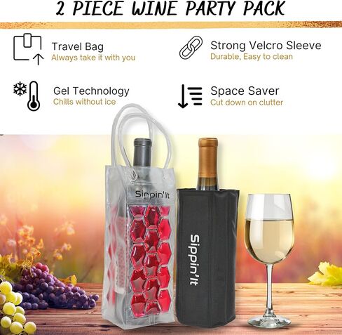 Freezable Wine Chillers by Sippin'It - 2 Piece Wine Party Pack - Wine Cooler Sleeve and Portable Wine Chiller Travel Bag - Keep Chilled Wine Cold - Reusable for Picnics, BBQ's, Camping or Boating. in Saudi Arabia