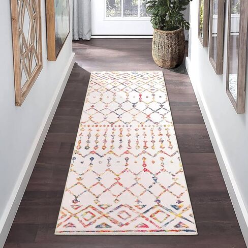 Runner Rug Washable Boho Moroccan Hallway Runner Rug Entryway Rug, Stain Resistant Non-Slip Geometric Distressed Bedroom Rug Runner Entrance Carpet for Laundry Kitchen, Multi, 2' x 6' in Kuwait