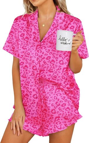 Ekouaer Womens Satin Pajamas Set Button Down 2 Piece Silk Pjs Shorts Set Ruffle Lingerie Notch Collar Sleepwear S-XXL in Saudi Arabia