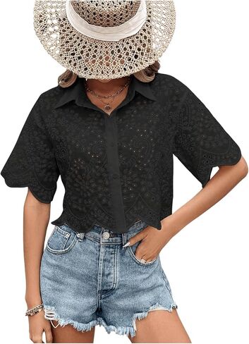SweatyRocks Women's Short Sleeve Button Down Eyelet Crochet Shirt Asymmetrical Hem Crop Top Blouse in Saudi Arabia