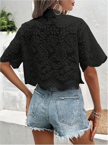 SweatyRocks Women's Short Sleeve Button Down Eyelet Crochet Shirt Asymmetrical Hem Crop Top Blouse in Saudi Arabia