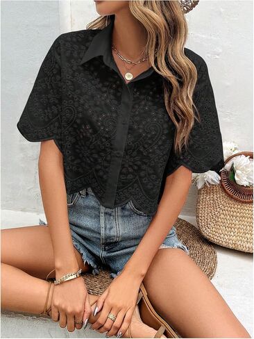 SweatyRocks Women's Short Sleeve Button Down Eyelet Crochet Shirt Asymmetrical Hem Crop Top Blouse in Saudi Arabia