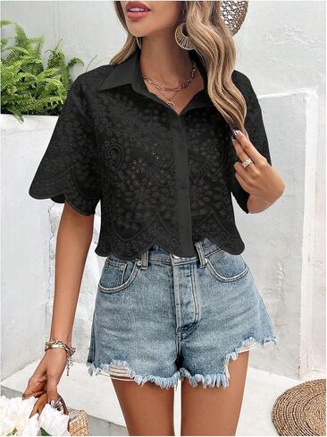 SweatyRocks Women's Short Sleeve Button Down Eyelet Crochet Shirt Asymmetrical Hem Crop Top Blouse in Saudi Arabia