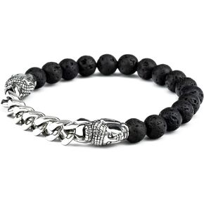ZenBless Cuban Link Chain for Men Laughing Buddha Feng Shui Natural Lava Rocks Yoga Mala Beads Titanium Stainless Steel Leather Aromatherapy Anxiety Essential Oil Volcanic Stone Bead Bracelet