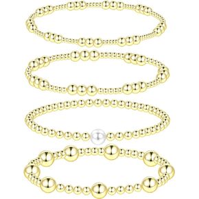 Oveta Gold Beaded Bracelets 18K Gold/Silver Plated Stackable Bracelets for Women Non Tarnish Stretch Bracelets Set