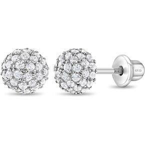 925 Sterling Silver Clear Round 6mm Cubic Zirconia Burst Screw Back Stud Earrings for Young Girls, Great Gift for Babies, Little Girls & Toddlers- Classic Little Ball Baby Earrings. Safety Screw Backs