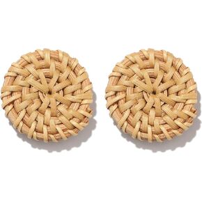 Rattan Straw Earring Handmade Boho Round Wicker Braid Woven Disc Drop Earring Lightweight Statement Stud Earring for Women Girls