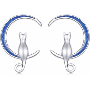 Qings Crescent Moon Cat Earring 925 Sterling Silver Cute Cat and Moon Stud Earrings Birthday Gifts for Women Girls Cat Lovers