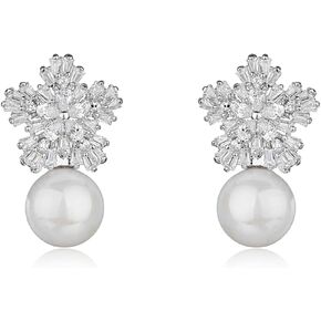 CZ Flower Pearl Stud Earrings for Women Girls 925 Sterling Silver Post Pin Hypoallergenic Dainty Crystal Snowflake Imitation Pearl Ball Dangle Stud Fashion Jewelry Gifts Wedding Valentine