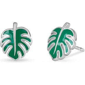 Boma Jewelry Sterling Silver Monstera Leaf Stud Earrings with Hand Painted Green Enamel