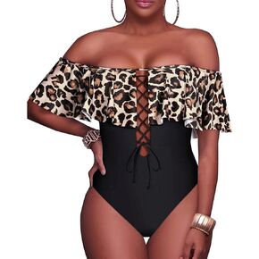 Tempt Me Women Sexy One Piece Swimsuit Ruffled Off Shoulder Lace Up Bathing Suit