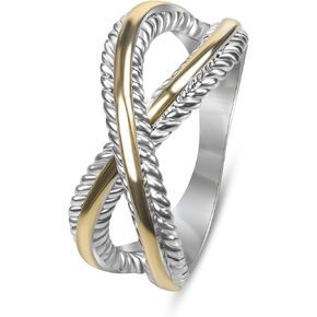 Myshiwu Designer Inspired Jewelry Two Toned Twisted Cable Wire Eternity Knot Ring Trendy Gold and Silver Crossover Ring for Women Gift