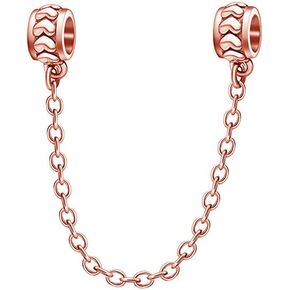 925 Sterling Silver Heart Charm Safety Chain Charm with Rose Gold Charm Spacer Charm Anniversary Charm Birthday Charm for Pandora Charms Bracelet