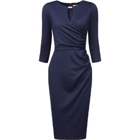 Women's Knee Length Dress 3/4 Sleeve Keyhole Wrap Dresses