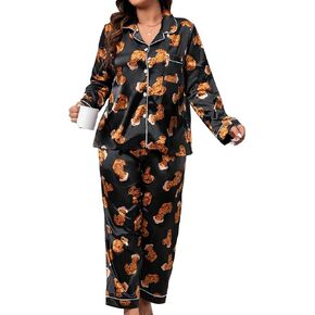 WDIRARA Women's Plus Size 2 Piece Satin Sleepwear Cartoon Bear Pajama Set Long Sleeve Shirt and Pants Sets