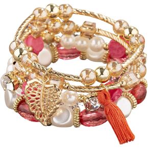 4Pcs Set Bohemian Rose Leaves Crystal Pearl Tassel Beaded Stretch Pendant Bracelets for Women Girls Gold Beaded Stackable Bracelet Colorful Charm Jewelry Boho Beach Party